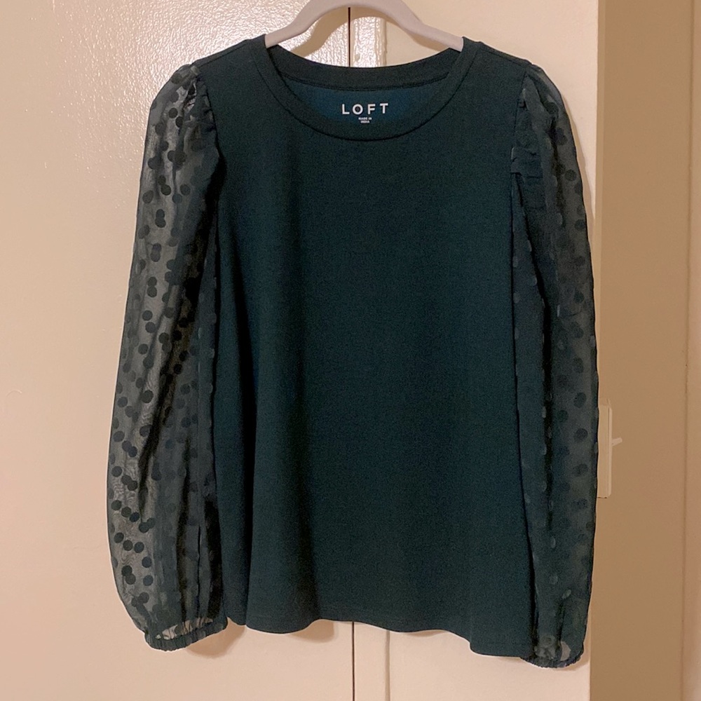 Loft dark green puff sleeve shirt with polka dot details